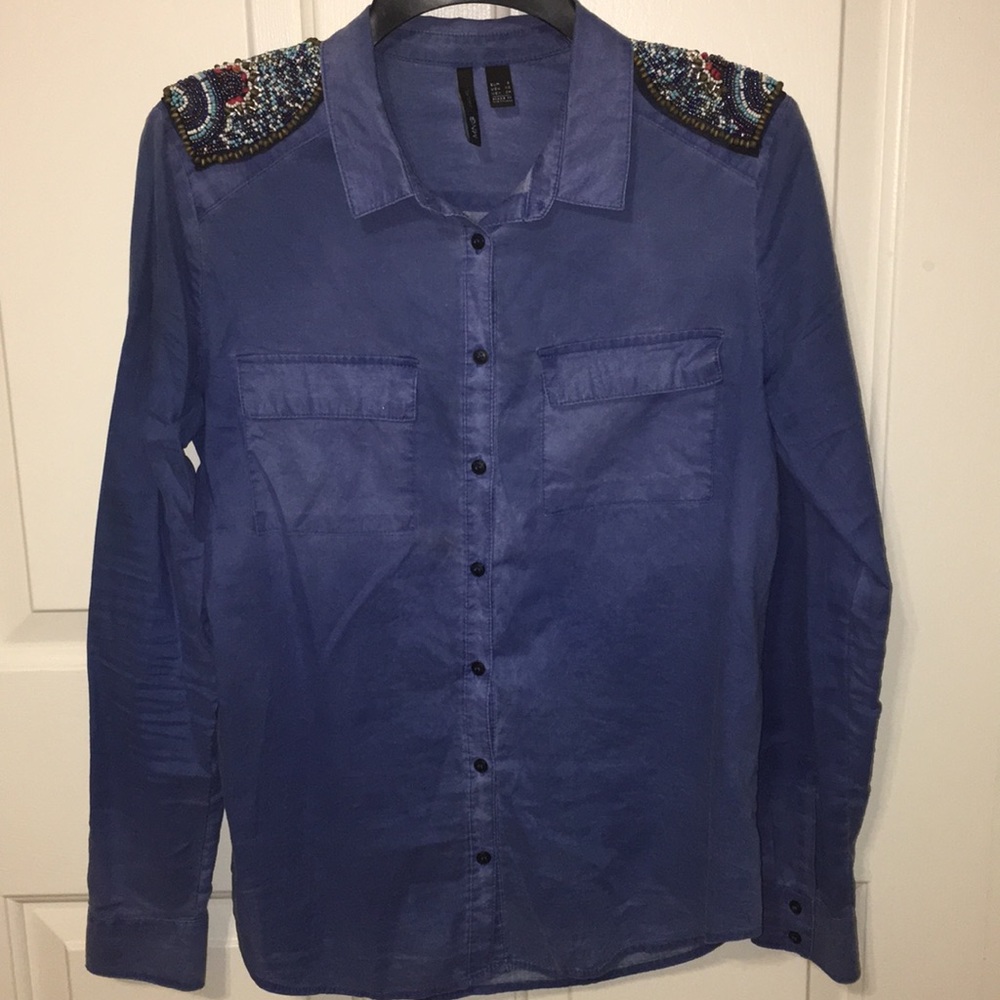 MANGO MNG Casual Shirt Beaded Shoulders Blue S
